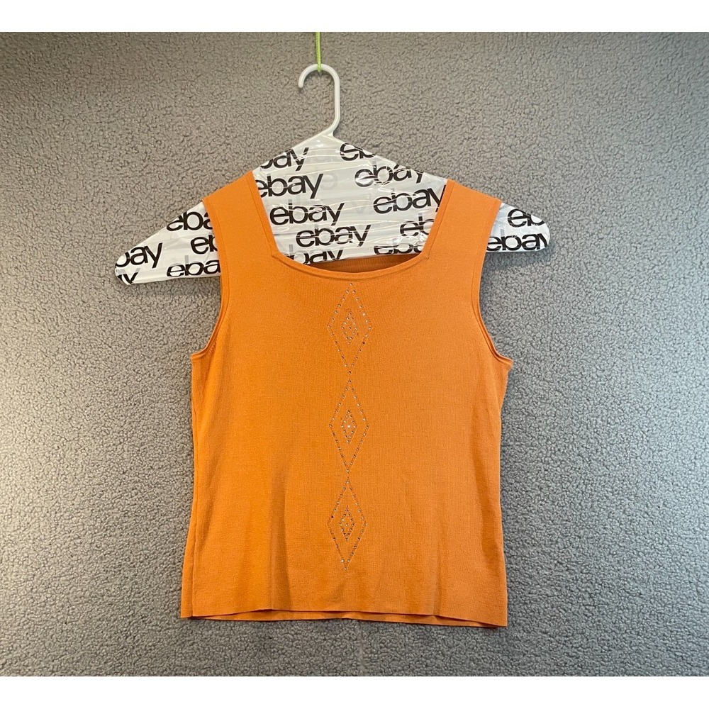 Belldini Vibrant Orange Sleeveless Square Neck Top with Rhinestone Design, XL